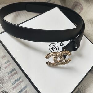 CHANEL Crystal-Embellished CC Logo Black Leather Belt